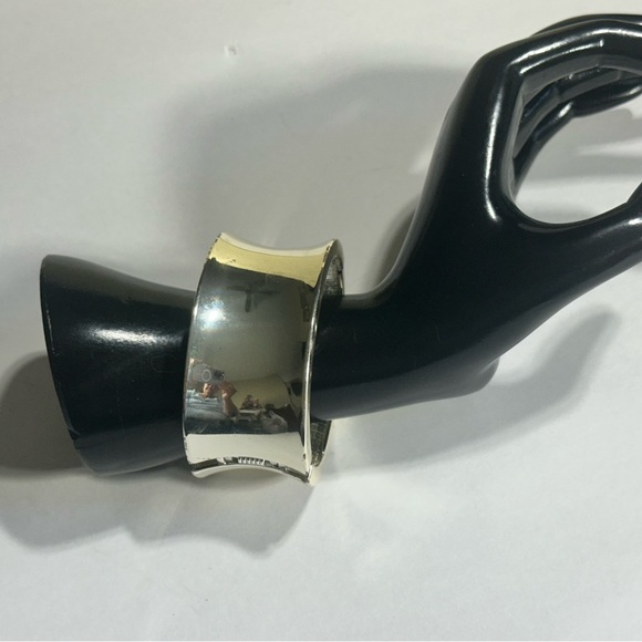 Wide Hinged Concave Cuff Bracelet Bright Silver Tone Minimalist Modernist - Picture 1 of 5